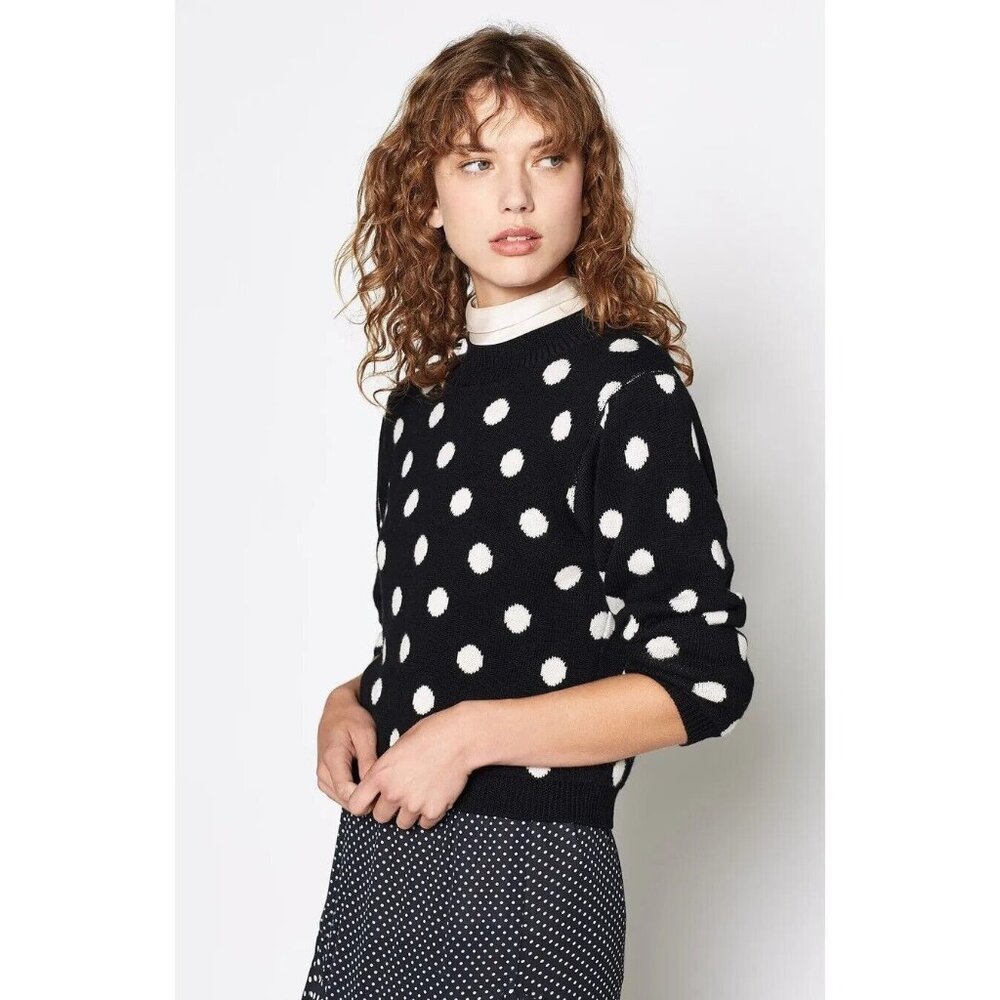 Joie Sweater Brettina B Polka Dot Wool Crew Neck Black White SZ XL NWT